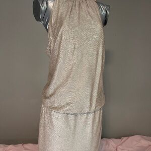Sleeveless Metallic Cream Evening Dress